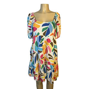 Tabitha Brown Dress Womens Medium Multicolor‎ Linen Blend Puff Sleeve Mini Boho